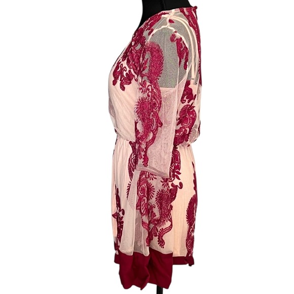 MINIPINK Burgundy Sheer Mesh Romper Bell Sleeve Boho Festival Floral Size Small - Picture 10 of 16